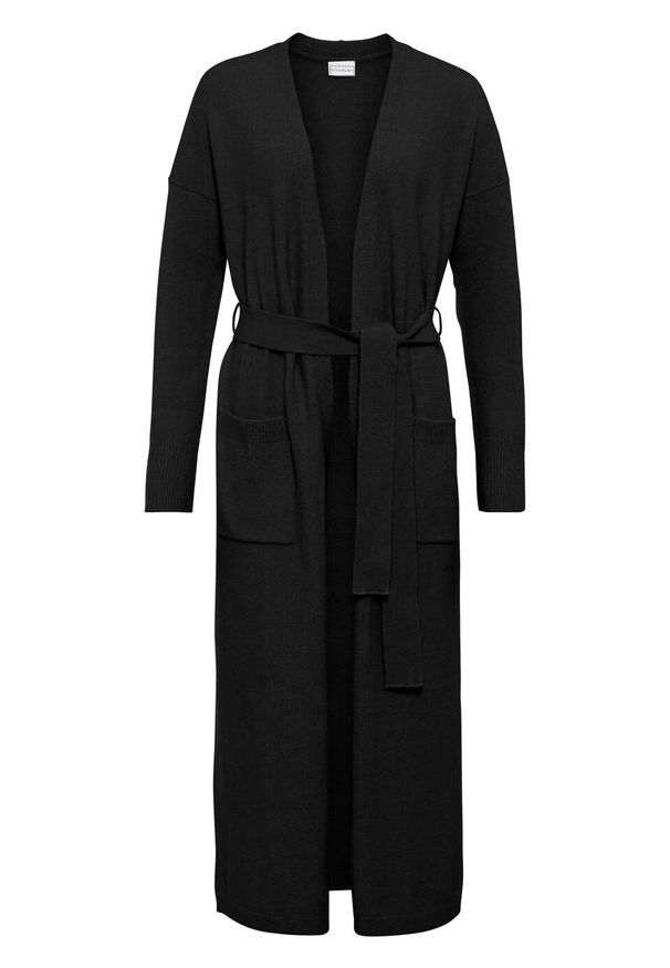Długi sweter wiązany bonprix czarny. Kolor: czarny. Materiał: poliester, materiał, elastan, akryl. Długość: długie