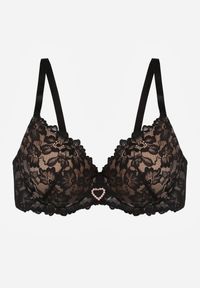 Renee - Czarno-Beżowy Koronkowy Biustonosz Ozdobiony Cyrkoniowym Sercem Bothilei. Kolor: czarny. Materiał: koronka. Wzór: aplikacja #4
