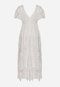 Born2be - Biała Sukienka Koronkowa z Krótkim Bufiastym Rękawem Ulessa. Okazja: na imprezę. Kolor: biały. Materiał: koronka #5