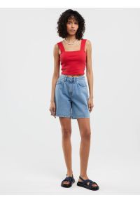 Big-Star - Top damski w prążek czerwony Serecona 603. Kolor: czerwony. Materiał: jeans, skóra, dzianina. Długość rękawa: na ramiączkach. Wzór: prążki #6