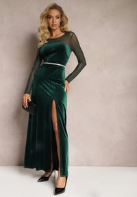 Renee - Ciemnozielona Sukienka Maxi z Weluru z Siateczkowym Dekoltem i Rękawami Belved. Kolor: zielony. Materiał: welur. Długość: maxi