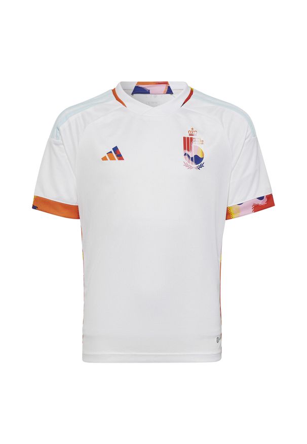 Koszulka do piłki nożnej dla dzieci Adidas Belgia Away 22. Kolor: biały, wielokolorowy. Sport: piłka nożna