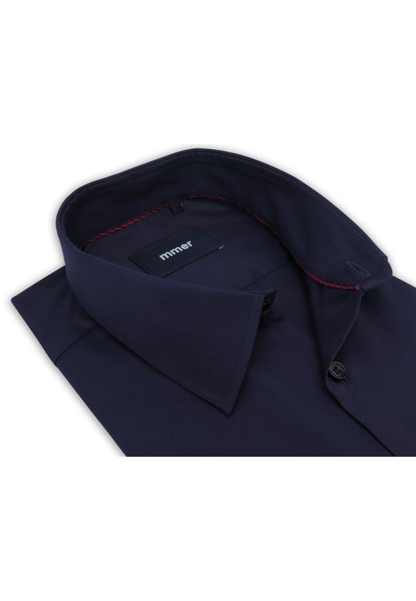 Mmer / Villaro - Koszule męskie - Granatowa gładka koszula męska 011G. Kolor: niebieski. Materiał: bawełna, elastan, tkanina. Długość: długie. Wzór: gładki. Styl: elegancki