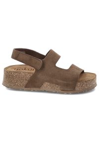 Sandały damskie Yokono, cholewka ze skóry naturalnej zamszowej z szerokimi paskami z zapięciem na rzep, brązowe, WIWI-261 Ser Lodo. Zapięcie: rzepy. Kolor: brązowy. Materiał: skóra, zamsz #4
