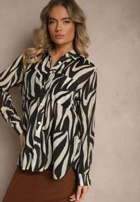 Renee - Czarna Transparentna Koszula z Wiskozy o Klasycznym Kroju w Print Zebra Covianne. Okazja: na co dzień. Kolor: czarny. Materiał: wiskoza. Wzór: motyw zwierzęcy, nadruk. Styl: klasyczny #5