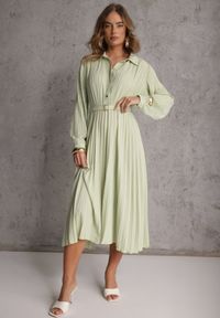 Renee - Zielona Koszulowa Sukienka z Plisowanymi Zdobieniami i Paskiem z Klamrą Efrivelle. Okazja: na co dzień. Kolor: zielony. Długość rękawa: długi rękaw. Wzór: aplikacja. Typ sukienki: koszulowe. Styl: casual, elegancki, klasyczny #5