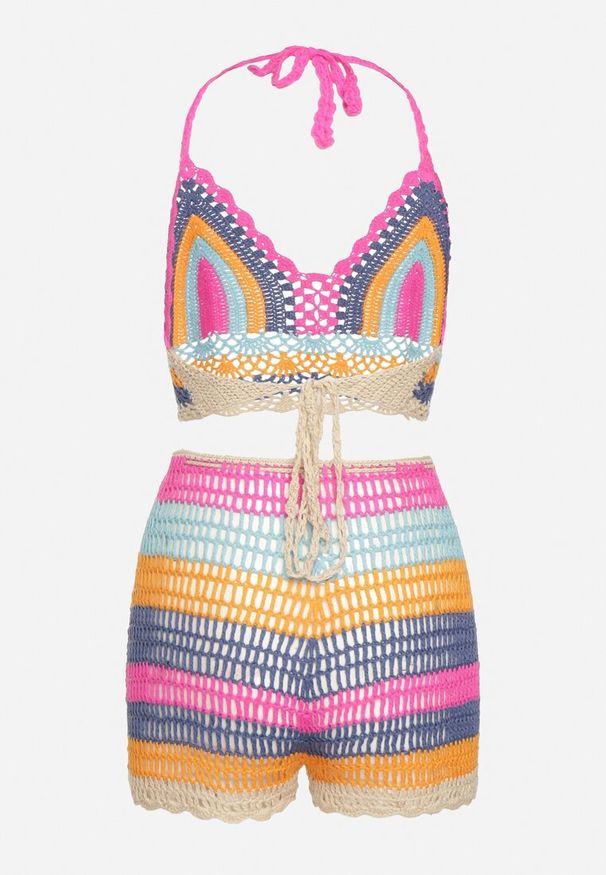 Born2be - Różowo-Niebieski 2-Częściowy Ażurowy Komplet Top z Wiązaniem I Szorty z Troczkiem Lourah. Kolor: różowy. Wzór: ażurowy