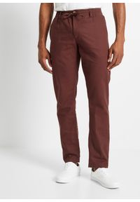 bonprix - Spodnie chino Regular Fit Straight, z materiału z domieszką lnu. Kolor: brązowy. Materiał: materiał, len. Wzór: aplikacja #1