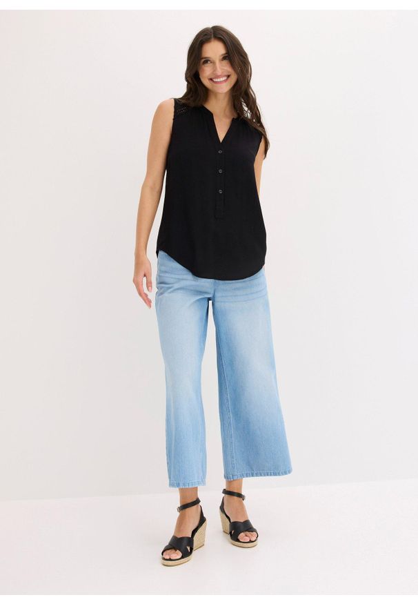 bonprix - Bluzka bez rękawów z czystej wiskozy. Kolor: czarny. Materiał: wiskoza, koronka. Długość rękawa: bez rękawów. Długość: długie. Wzór: koronka, haft. Sezon: lato