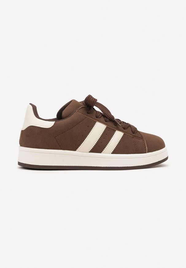 Renee - Brązowe Sneakersy Ozdobione Paskami Dolirenna. Okazja: na co dzień. Zapięcie: pasek. Kolor: brązowy. Materiał: jeans. Wzór: aplikacja