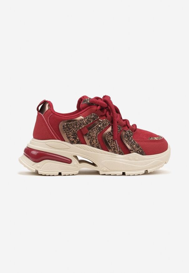 Born2be - Bordowe Brokatowe Sneakersy na Grubej Podeszwie Wlanna. Nosek buta: okrągły. Zapięcie: sznurówki. Kolor: czerwony. Materiał: materiał. Obcas: na obcasie. Wysokość obcasa: średni