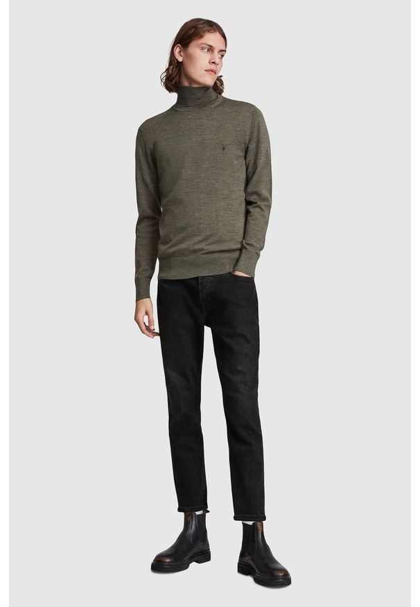 AllSaints Sweter wełniany męski kolor beżowy. Okazja: na co dzień. Kolor: zielony. Materiał: wełna. Długość rękawa: długi rękaw. Długość: krótkie. Styl: casual