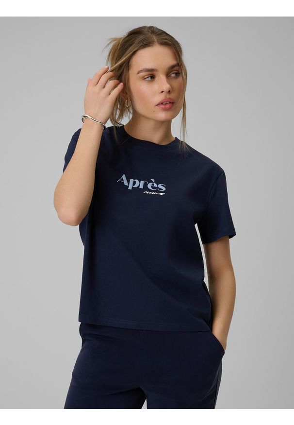 4f - 4F T-shirt boxy z nadrukiem damski - granatowy XS. Okazja: na co dzień. Kolor: niebieski. Materiał: dzianina, materiał, bawełna. Wzór: nadruk. Styl: casual