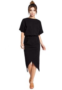 Be Active - Sukienka ołówkowa z gumką swobodna góra asymetryczny dół czarna. Kolor: czarny. Materiał: guma, materiał, bawełna, elastan, dresówka, dzianina. Wzór: gładki. Typ sukienki: asymetryczne, ołówkowe #2