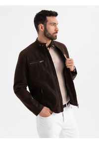 Ombre Clothing - Męska kurtka biker w stylu retro ze stójką – brązowa V1 - Rozmiar: L. Typ kołnierza: kołnierzyk stójkowy. Kolor: brązowy. Materiał: skóra, poliester, materiał. Styl: retro