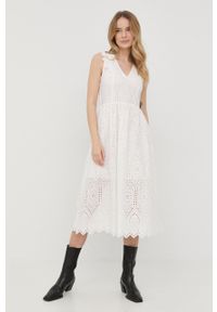 TwinSet - Twinset sukienka bawełniana kolor biały midi rozkloszowana. Kolor: biały. Materiał: bawełna. Długość rękawa: krótki rękaw. Wzór: haft. Długość: midi #2