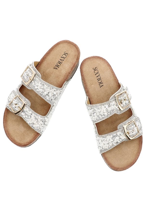 Sca'viola - Białe Klapki Sca'Viola Eleganckie Obuwie Damskie. Okazja: na co dzień. Kolor: biały. Wzór: paski, aplikacja. Sezon: lato. Styl: elegancki