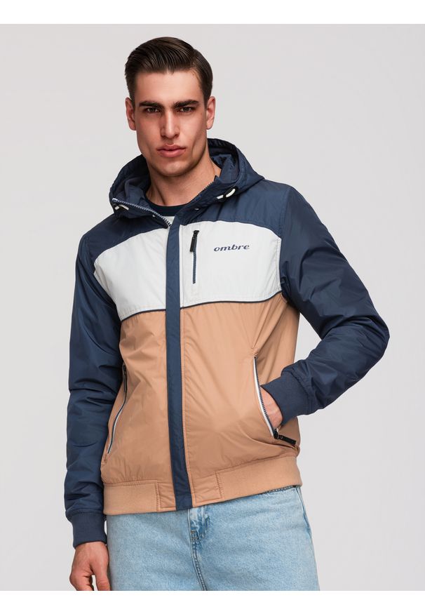 Ombre Clothing - Lekka kolorowa męska kurtka sportowa z polarem – brązowo-granatowa V1 - Rozmiar: M. Typ kołnierza: kołnierzyk stójkowy. Kolor: biały. Materiał: polar. Wzór: kolorowy. Styl: sportowy