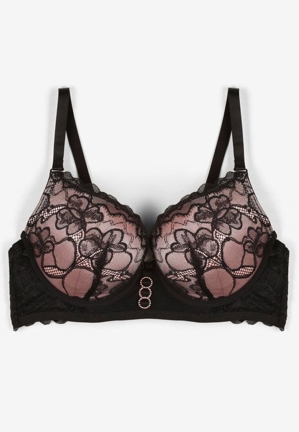 Renee - Czarno-Różowy Biustonosz Push Up z Ozdobną Koronką Neamitra. Kolor: czarny. Materiał: koronka. Rodzaj stanika: push-up. Wzór: koronka