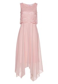 Sukienka szyfonowa z koronką bonprix pastelowy jasnoróżowy. Kolor: różowy. Materiał: szyfon, koronka. Wzór: koronka. Styl: wizytowy #1