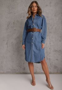 Renee - Niebieska Jeansowa Sukienka Koszulowa Oversize z Bawełną i Paskiem Cianatra. Okazja: na co dzień. Kolor: niebieski. Materiał: jeans, bawełna. Typ sukienki: koszulowe, oversize. Styl: wizytowy, casual #5