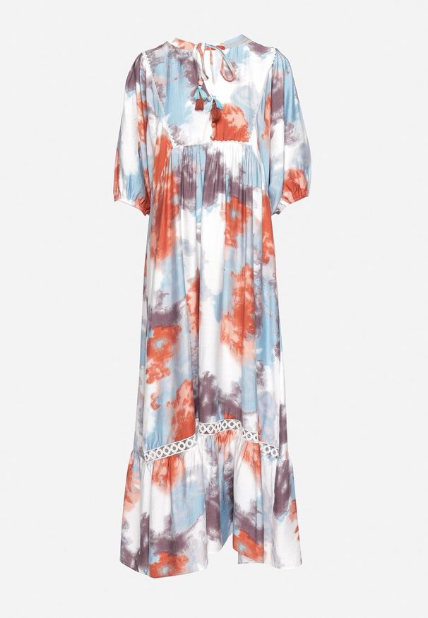 Born2be - Beżowa Rozkloszowana z Wiązaniem Przy Dekolcie i Ozdobnymi Guzikami Sukienka Attella. Okazja: na co dzień, na imprezę. Kolekcja: plus size. Kolor: różowy. Materiał: koronka. Długość rękawa: krótki rękaw. Typ sukienki: dla puszystych, rozkloszowane. Styl: elegancki, casual