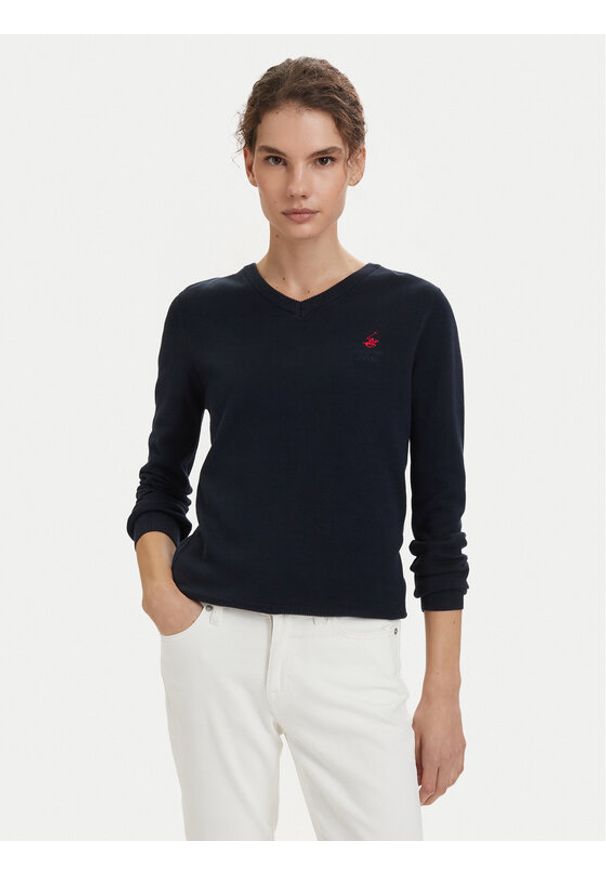 Beverly Hills Polo Club Sweter P-SS26W-M536563 Granatowy Regular Fit. Typ kołnierza: polo. Kolor: niebieski. Materiał: bawełna