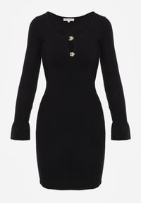 Born2be - Czarna Sweterkowa Sukienka Dopasowana z Wiskozy z Falbankami i Guzikami Nevinndra. Okazja: na co dzień. Typ kołnierza: kołnierz z falbankami. Kolor: czarny. Materiał: wiskoza. Typ sukienki: proste. Styl: casual, elegancki #4