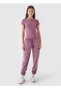 4f - 4F T-shirt slim gładki damski - różowy S. Okazja: na co dzień. Kolor: różowy. Materiał: dzianina, elastan, materiał, prążkowany, bawełna, skóra. Długość rękawa: krótki rękaw. Długość: krótkie. Wzór: gładki. Styl: casual, klasyczny, sportowy #2