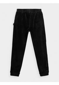 4F JUNIOR - Welurowe spodnie dresowe joggery dziewczęce. Okazja: na co dzień. Kolor: czarny. Materiał: dresówka, welur. Wzór: nadruk. Styl: casual
