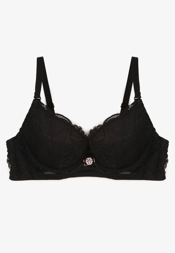 Renee - Czarny Koronkowy Biustonosz Push-Up z Metaliczną Ozdobą Aclenne. Kolor: czarny. Materiał: koronka. Rodzaj stanika: push-up. Wzór: aplikacja