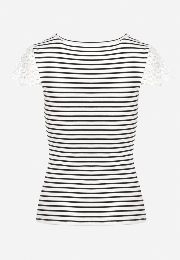 Born2be - Biało-Czarny Bawełniany T-shirt z Prążkowanej Dzianiny Ozdobiony Koronką Liasilo. Okazja: na co dzień. Kolor: biały. Materiał: prążkowany, bawełna, dzianina, koronka. Wzór: aplikacja, koronka. Styl: casual, elegancki