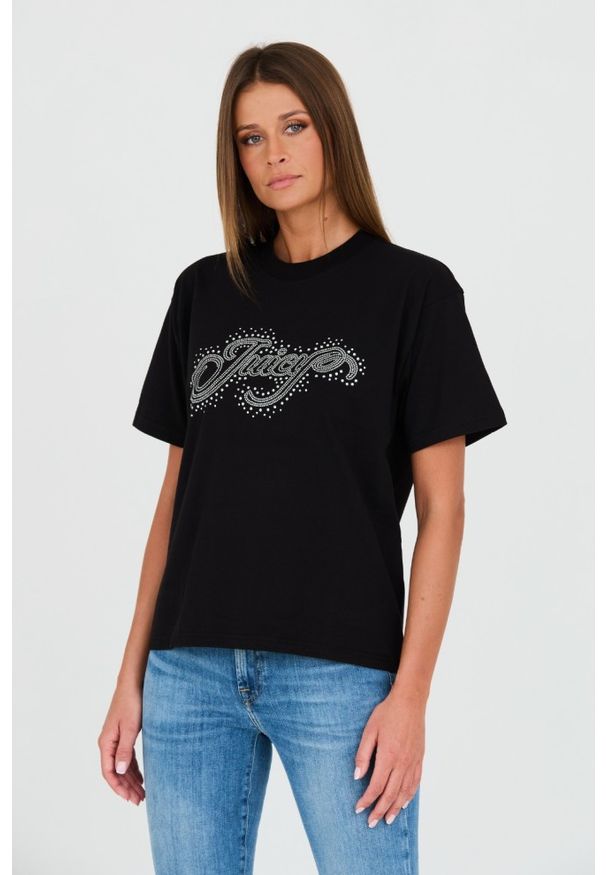 Juicy Couture - JUICY COUTURE Czarny damski t-shirt Boyfriend Scatter Diamante, Rozmiar S. Kolor: czarny
