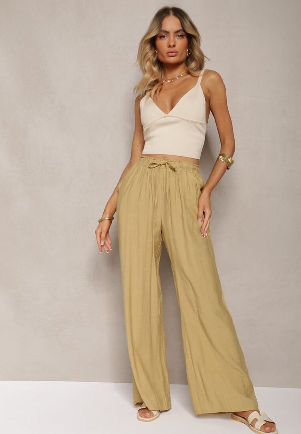 Renee - Beżowe Spodnie Materiałowe z Marszczoną Gumką Pimpernel. Kolor: beżowy. Materiał: materiał