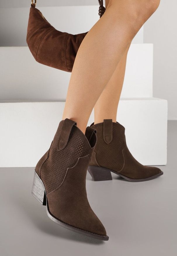 Renee - Ciemnobrązowe Botki Typu Kowbojki na Stożku ze Skóry Naturalnej Clearfeather. Okazja: na co dzień. Kolor: brązowy. Materiał: skóra. Obcas: na stożku. Styl: klasyczny, casual