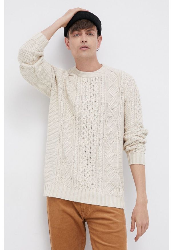 !SOLID - Solid Sweter bawełniany męski kolor kremowy. Okazja: na co dzień. Kolor: beżowy. Materiał: bawełna, dzianina. Wzór: ze splotem. Styl: casual