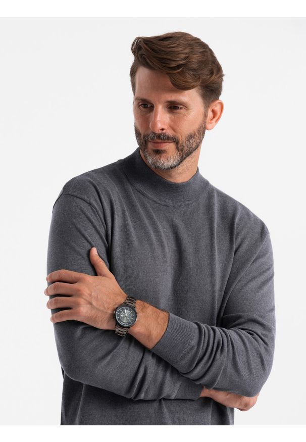 Ombre Clothing - Męski półgolf dzianinowy z wiskozą - szary melanż V3 - Rozmiar: L. Typ kołnierza: golf. Kolor: szary. Materiał: dzianina, wiskoza. Wzór: melanż