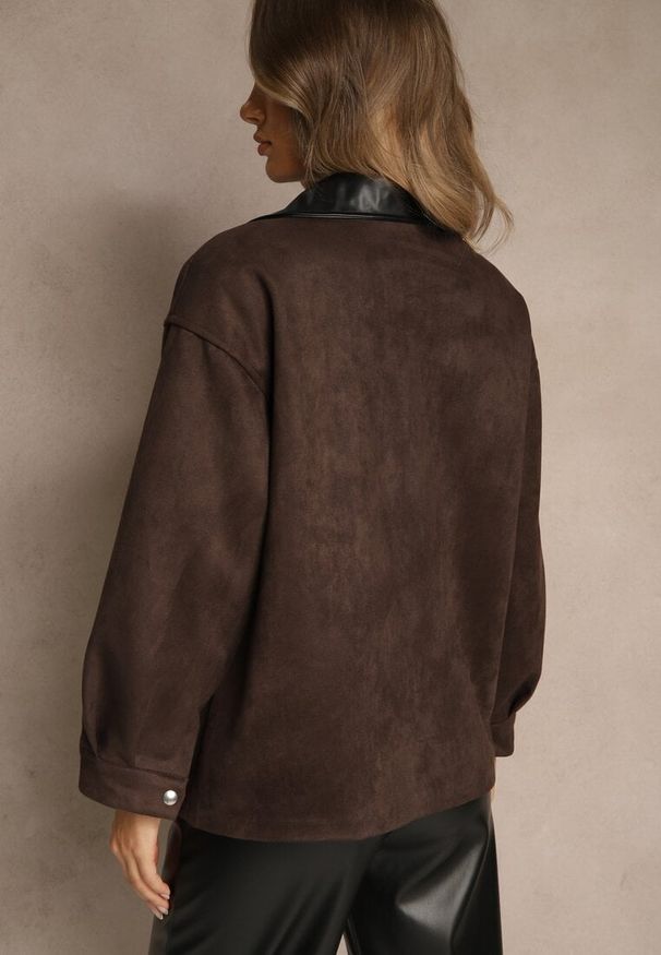 Renee - Brązowa Koszulowa Kurtka Barn Jacket z Imitacji Zamszu Ralasania. Kolor: brązowy. Materiał: zamsz. Wzór: haft