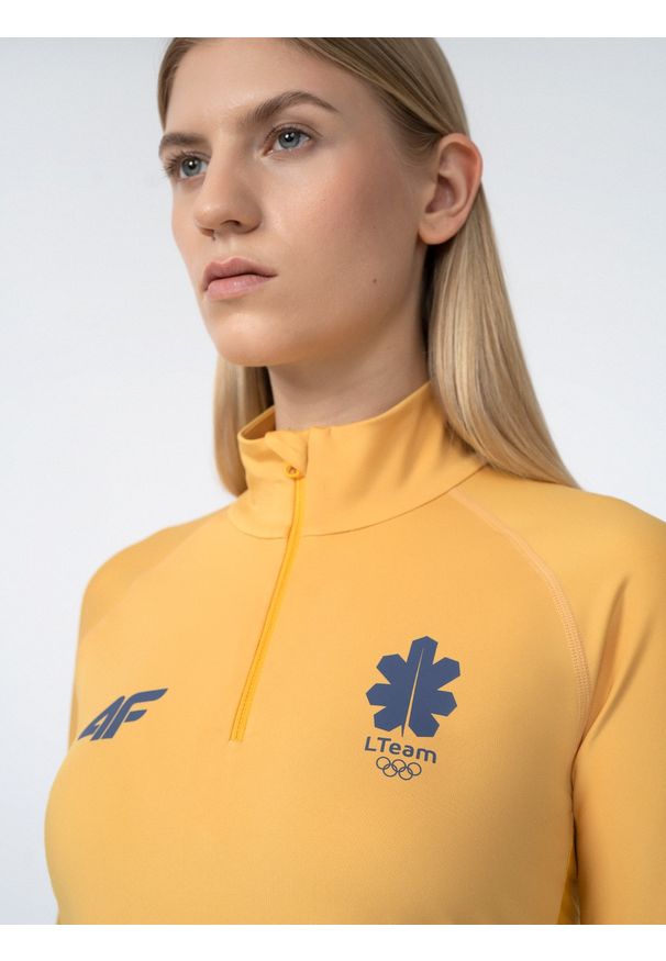 4f - Longsleeve treningowy szybkoschnący damski Litwa - Pekin 2022. Kolor: żółty. Materiał: dzianina, skóra. Długość rękawa: długi rękaw. Sezon: zima. Sport: fitness
