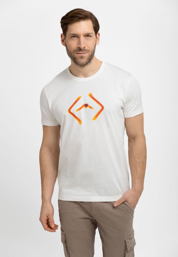 Volcano - T-shirt z logo T-FLUO. Kolor: kremowy. Materiał: materiał, bawełna, jeans. Długość rękawa: krótki rękaw. Długość: krótkie. Wzór: geometria, nadruk. Styl: klasyczny, sportowy