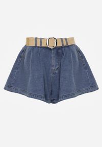 Renee - Granatowe Szorty Jeansowe High Waist z Bawełny z Elastycznym Paskiem Tinreia. Okazja: na co dzień. Stan: podwyższony. Kolor: niebieski. Materiał: bawełna, jeans. Długość: krótkie. Sezon: lato. Styl: casual #8
