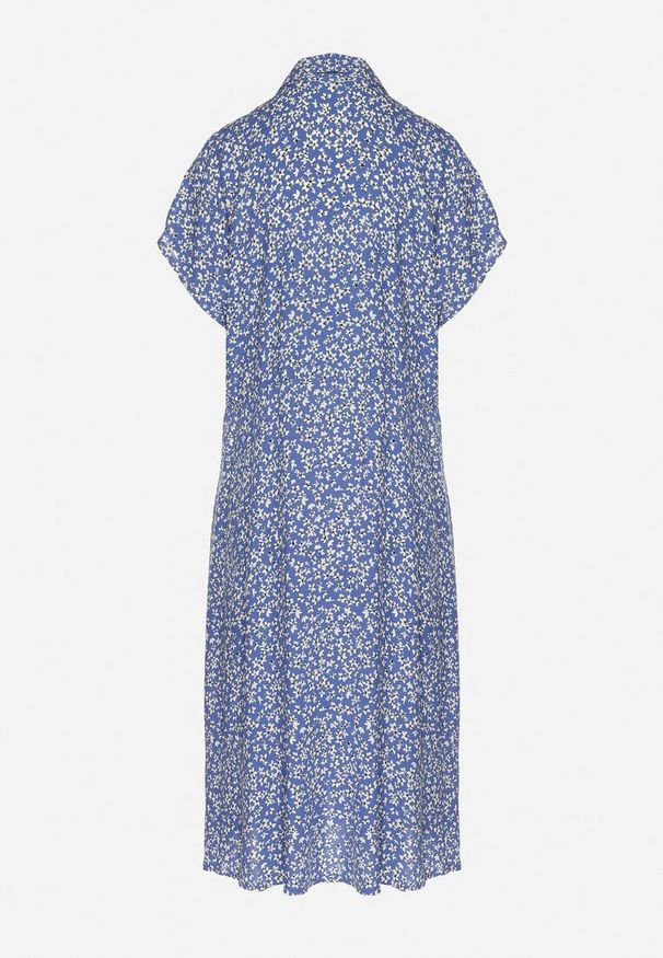 Born2be - Granatowa Bawełniana Sukienka Koszulowa w Kwiaty z Rozkloszowanym Dołem Jerilsa. Okazja: na co dzień. Typ kołnierza: kołnierzyk klasyczny. Kolor: niebieski. Materiał: bawełna. Długość rękawa: krótki rękaw. Wzór: kwiaty. Typ sukienki: koszulowe. Styl: casual, klasyczny, elegancki