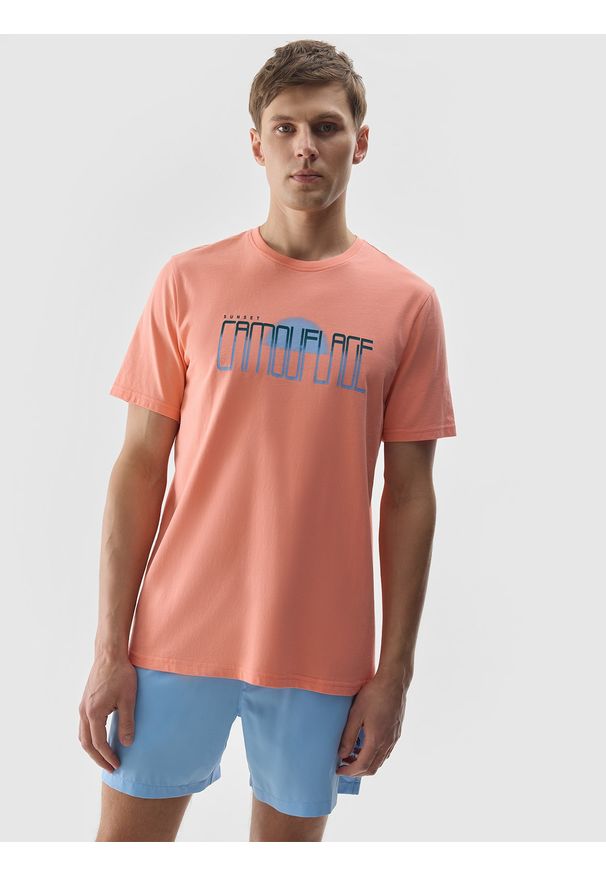 4f - 4F T-shirt z nadrukiem męski - pomarańczowy L. Okazja: na co dzień. Kolor: pomarańczowy. Materiał: bawełna, jersey, dzianina. Wzór: nadruk. Styl: sportowy, klasyczny, casual