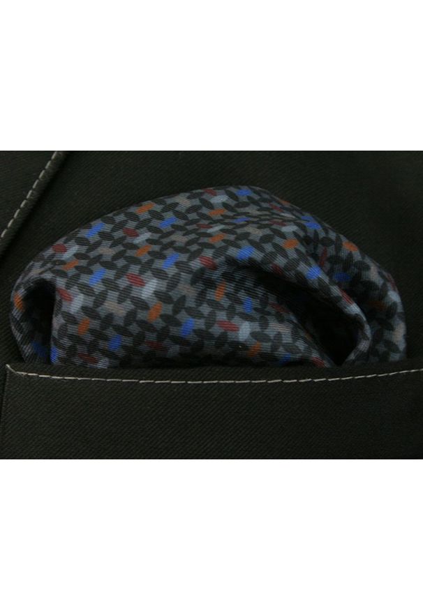 Popielato-Granatowa Męska Poszetka -EM Men's Accessories- Chusteczka, 100% Jedwab, Wzór Geometr. Kolor: niebieski. Materiał: jedwab. Wzór: geometria