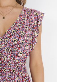 Born2be - Fioletowa Sukienka Mini z Wiskozy z Gumką w Talii i Falbankami Matthes. Typ kołnierza: kołnierz z falbankami. Kolor: fioletowy. Materiał: wiskoza. Długość rękawa: bez rękawów. Typ sukienki: kopertowe. Długość: mini #4