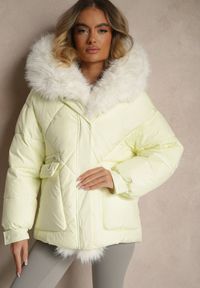 Renee - Jasnożółta Kurtka Pikowana z Kapturem i Odpinanymi Futerkowymi Wstawkami Izafera. Okazja: na co dzień. Typ kołnierza: kaptur. Kolor: żółty. Materiał: jeans. Styl: casual, elegancki #4