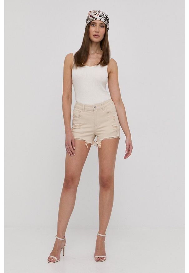 Liu Jo szorty damskie kolor beżowy gładkie high waist. Stan: podwyższony. Kolor: beżowy. Materiał: denim. Wzór: gładki