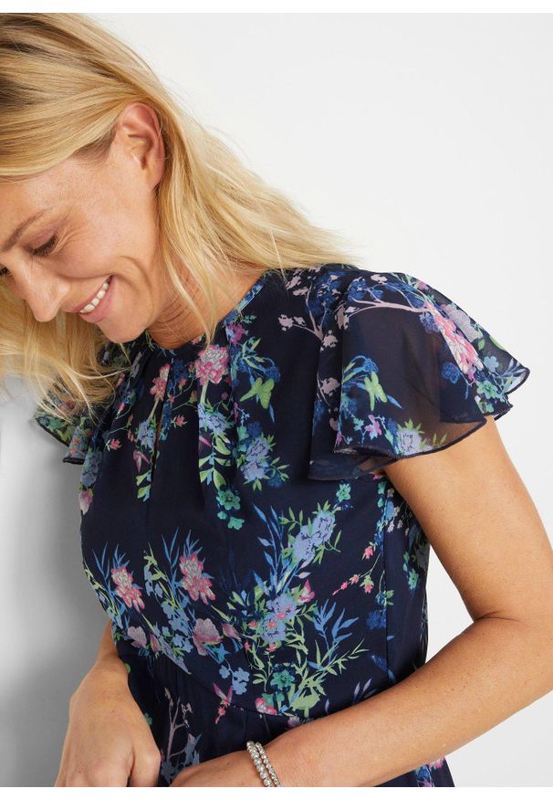 bonprix - Sukienka szyfonowa z rękawkami motylkami. Typ kołnierza: kołnierz z falbankami. Kolor: niebieski. Materiał: szyfon. Długość rękawa: krótki rękaw. Sezon: lato