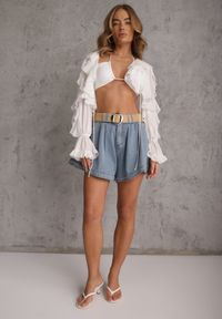 Renee - Jasnoniebieskie Szorty Jeansowe High Waist z Bawełny z Elastycznym Paskiem Tinreia. Okazja: na co dzień. Stan: podwyższony. Kolor: niebieski. Materiał: bawełna, jeans. Długość: krótkie. Sezon: lato. Styl: casual #2