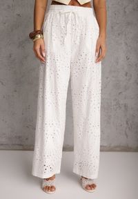 Renee - Białe Ażurowe Spodnie Wide Leg z Bawełny w Rustykalnym Stylu z Haftem Elladith. Okazja: na co dzień. Kolor: biały. Materiał: bawełna. Wzór: ażurowy, haft. Styl: casual, boho #4